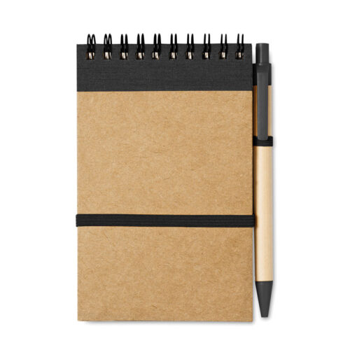 Libreta ecológica SONORA A6 con bolígrafo de cartón reciclado y tapa de cartón natural