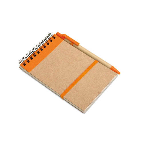 Libreta ecológica SONORA A6 con bolígrafo de cartón reciclado y tapa de cartón natural