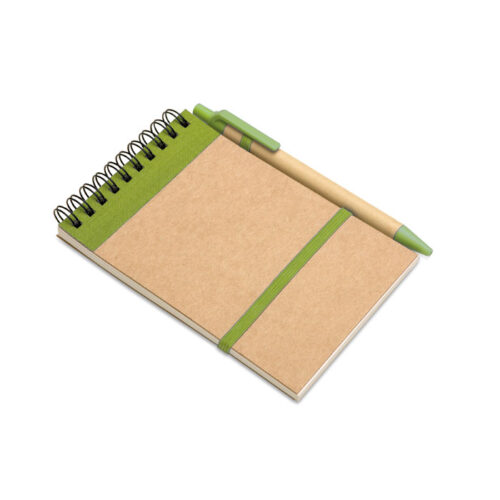 Libreta ecológica SONORA A6 con bolígrafo de cartón reciclado y tapa de cartón natural