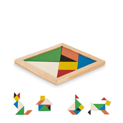 Rompecabezas ecológico personalizado TANGRAM con piezas de madera en colores vivos
