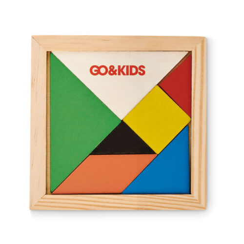 Rompecabezas ecológico personalizado TANGRAM con piezas de madera en colores vivos