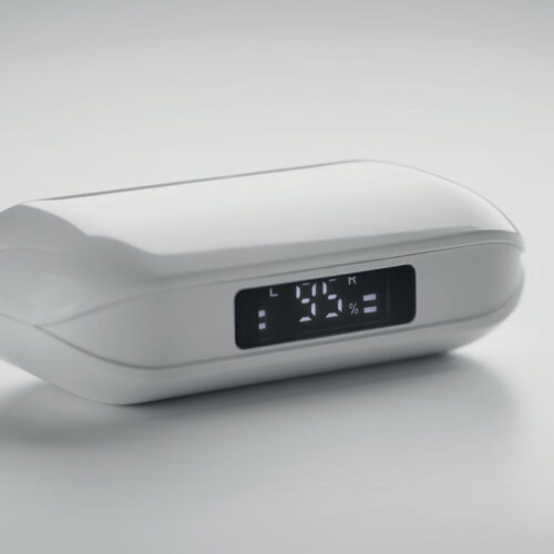 Audífonos QUAVER promocionales en ABS reciclado con pantalla LCD y tecnología TWS 5.3