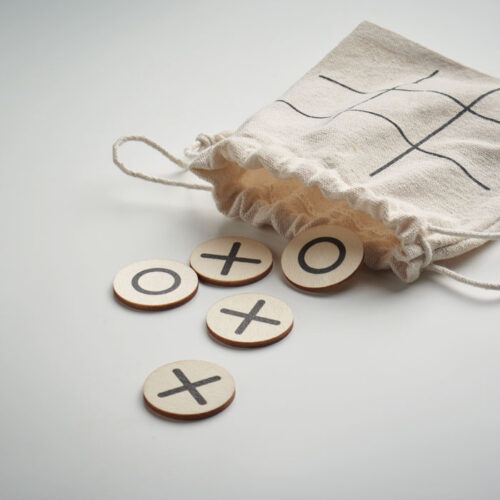 Juego ecológico personalizado CERO de tres en raya con fichas de madera y bolsa de algodón