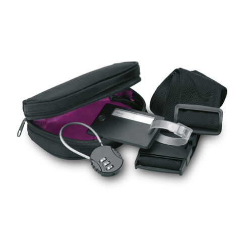 Set de viaje promocional TRAVELSUP con candado, correa y etiqueta en estuche negro