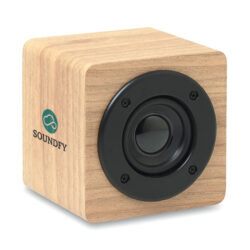 Bocina ecológica con diseño de madera, conexión Bluetooth 5.1 y batería recargable. Elegancia, sostenibilidad y sonido portátil en un solo regalo.