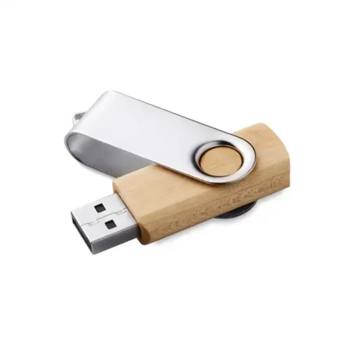 USB ecológica de madera personalizada con clip metálico giratorio tipo twister
