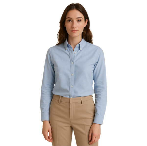 Camisa corporativa para mujer en tela Oxford blanca de manga larga