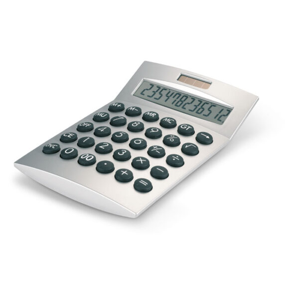 Calculadora solar de 12 dígitos BASICS con teclas grandes y diseño en tonos metálicos y negros, ideal para escritorio profesional