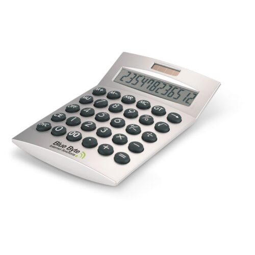 Calculadora solar de 12 dígitos BASICS con teclas grandes y diseño en tonos metálicos y negros, ideal para escritorio profesional