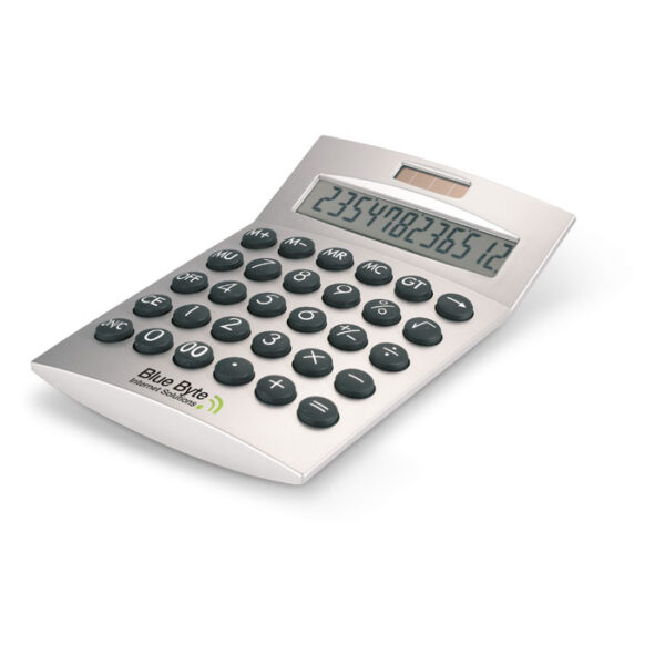 Calculadora solar de 12 dígitos BASICS con teclas grandes y diseño en tonos metálicos y negros, ideal para escritorio profesional