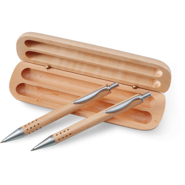 Set de bolígrafo y lápiz de madera con caja personalizada, ideal como regalo corporativo ecológico