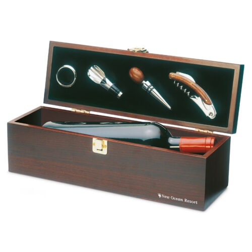 Set de vino en caja de madera COSTIERES con accesorios metálicos y mango efecto madera