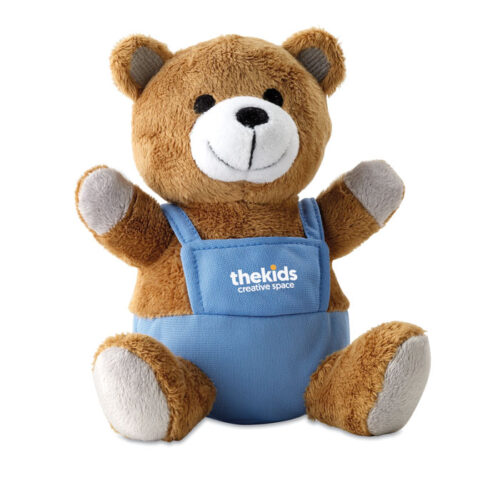 Peluche corporativo personalizado NICO con overol bordado