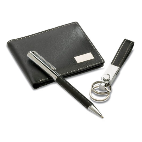 Set ejecutivo personalizado Eleganci con bolígrafo, cartera y llavero metálico en caja de regalo