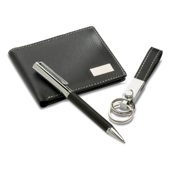 Set ejecutivo personalizado Eleganci con bolígrafo, cartera y llavero metálico en caja de regalo