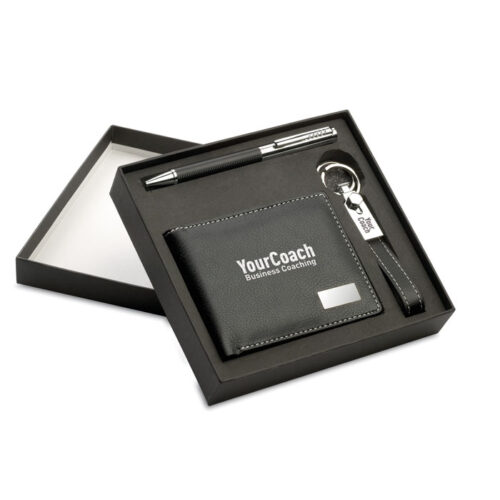 Set ejecutivo personalizado Eleganci con bolígrafo, cartera y llavero metálico en caja de regalo