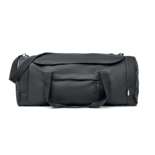 Bolso deportivo Valley en poliéster reciclado RPET con compartimento lateral, base rígida, correa ajustable y áreas amplias para personalización ecológica