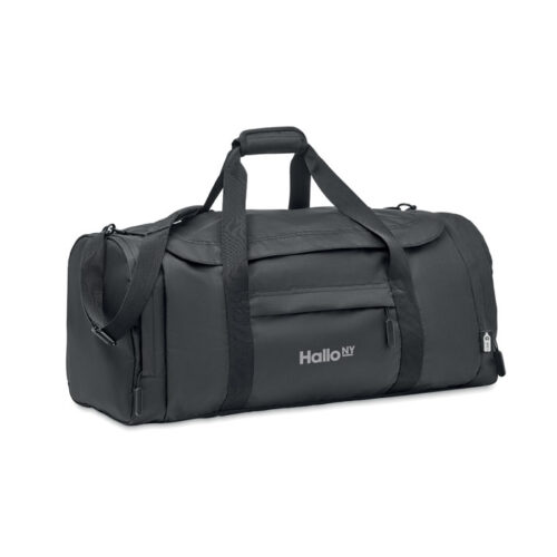 Bolso deportivo Valley en poliéster reciclado RPET con compartimento lateral, base rígida, correa ajustable y áreas amplias para personalización ecológica