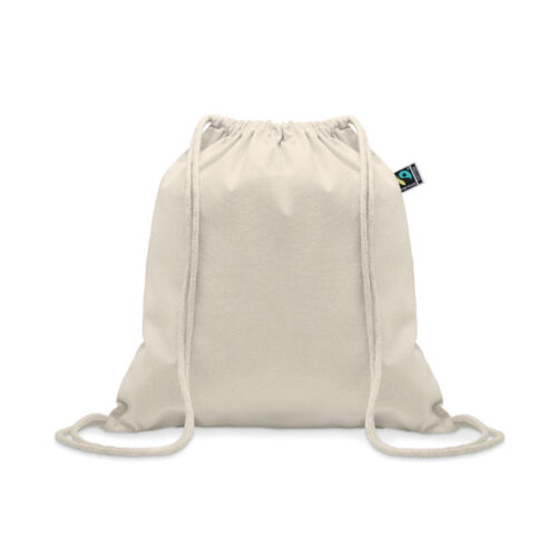 Bolso de cuerdas Fairtrade OSOLE de algodón 100% ético, con cordones resistentes y etiqueta certificada visible