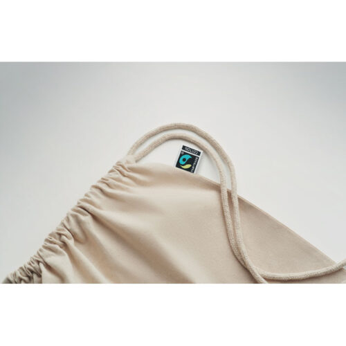 Bolso de cuerdas Fairtrade OSOLE de algodón 100% ético, con cordones resistentes y etiqueta certificada visible