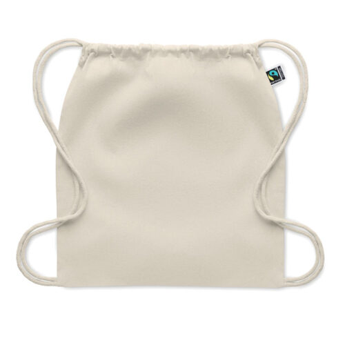Bolso de cuerdas Fairtrade OSOLE de algodón 100% ético, con cordones resistentes y etiqueta certificada visible