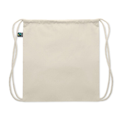 Bolso de cuerdas Fairtrade OSOLE de algodón 100% ético, con cordones resistentes y etiqueta certificada visible