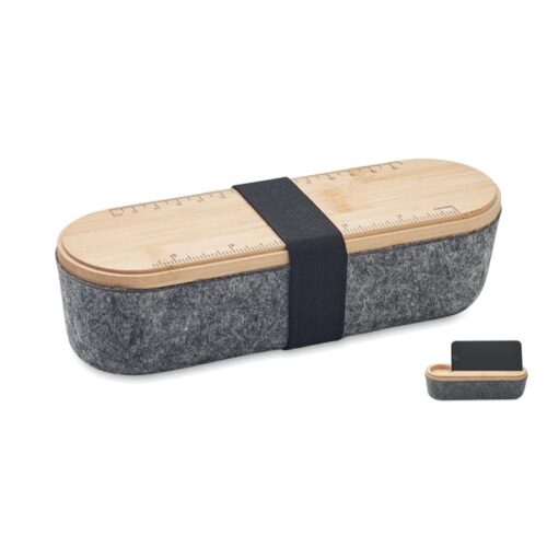 Estuche con regla y soporte para celular en bambú y fieltro RPET reciclado