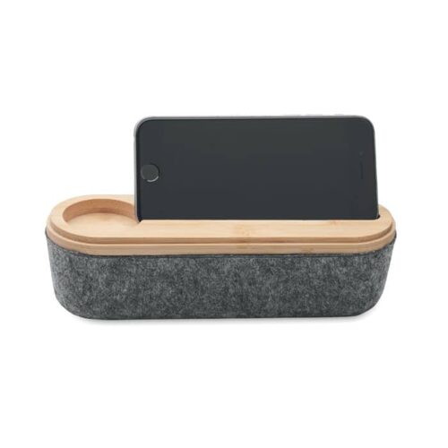 Estuche con regla y soporte para celular en bambú y fieltro RPET reciclado