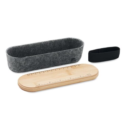 Estuche con regla y soporte para celular en bambú y fieltro RPET reciclado