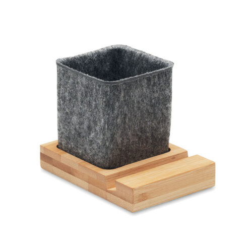 Porta lápices con soporte para celular en fieltro RPET y base de bambú natural