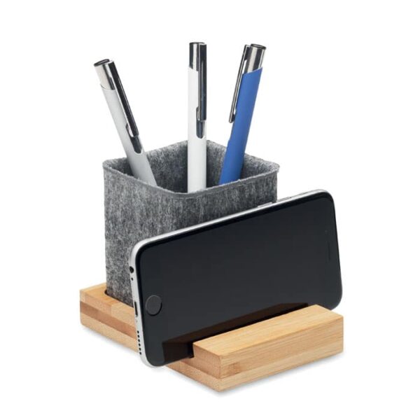 Porta lápices con soporte para celular en fieltro RPET y base de bambú natural