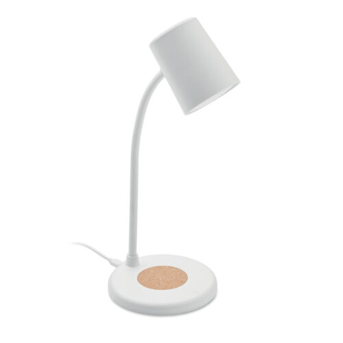 Lámpara de escritorio con cargador inalámbrico, luz LED y altavoz Bluetooth con detalle de corcho natural