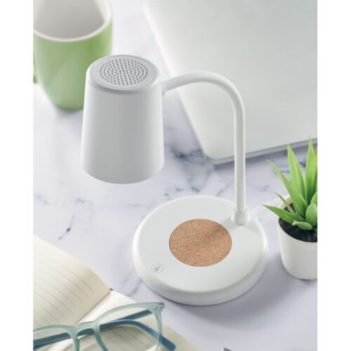 Lámpara de escritorio con cargador inalámbrico, luz LED y altavoz Bluetooth con detalle de corcho natural