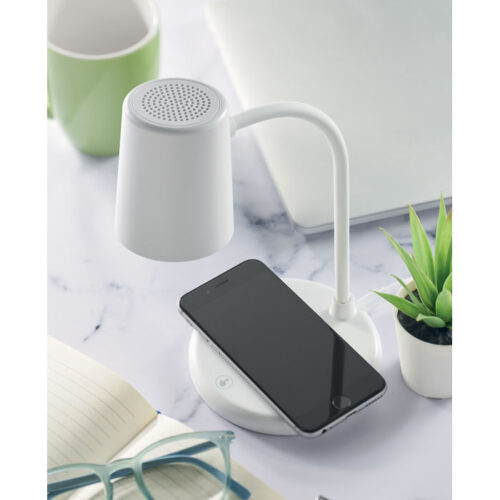 Lámpara de escritorio con cargador inalámbrico, luz LED y altavoz Bluetooth con detalle de corcho natural