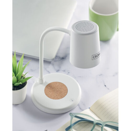 Lámpara de escritorio con cargador inalámbrico, luz LED y altavoz Bluetooth con detalle de corcho natural