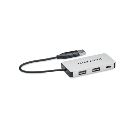 Hub USB de aluminio reciclado con puertos múltiples y diseño profesional