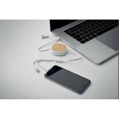 Cable retráctil multiUSB TOGOBAM con conectores y tapa de bambú