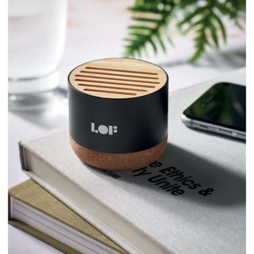 Bocina ecológica RUMBA de aluminio reciclado, bambú y corcho con Bluetooth 5.3