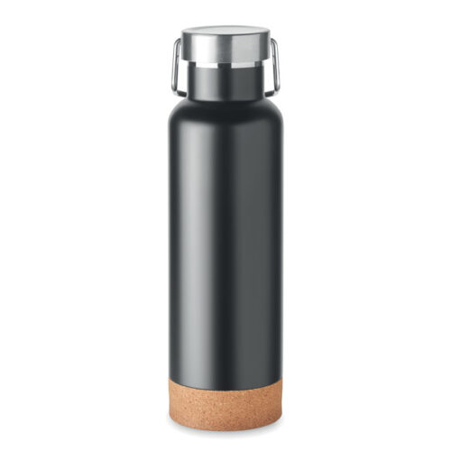 Botella térmica IVES de 500 ml con cuerpo de acero reciclado, base de corcho y tapa metálica con asa, ideal para regalos sostenibles y corporativos.