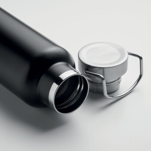 Botella térmica IVES de 500 ml con cuerpo de acero reciclado, base de corcho y tapa metálica con asa, ideal para regalos sostenibles y corporativos.