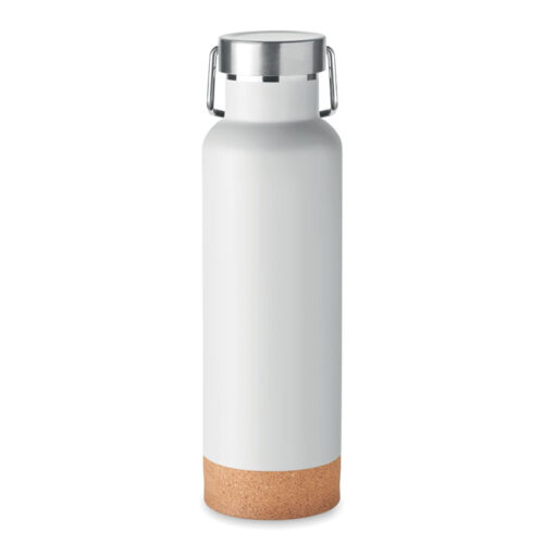 Botella térmica IVES de 500 ml con cuerpo de acero reciclado, base de corcho y tapa metálica con asa, ideal para regalos sostenibles y corporativos.