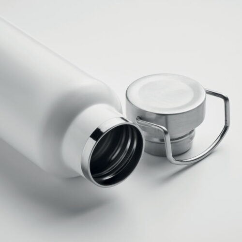 Botella térmica IVES de 500 ml con cuerpo de acero reciclado, base de corcho y tapa metálica con asa, ideal para regalos sostenibles y corporativos.