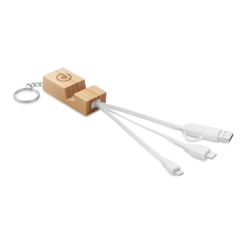 Llavero CLAUERC de bambú con soporte para smartphone y cable de carga integrado