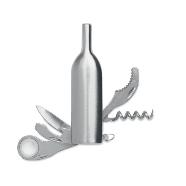 Navaja abrebotellas vino MULTIVINO en forma de botella con sacacorchos, cuchillo y llavero de acero inoxidable