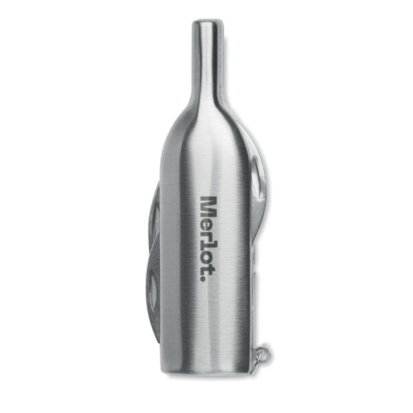 Navaja abrebotellas vino MULTIVINO en forma de botella con sacacorchos, cuchillo y llavero de acero inoxidable