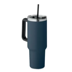 Vaso térmico con pajilla SUMA de acero reciclado, tapa transparente y asa lateral, ideal para eventos sostenibles y regalos corporativos.