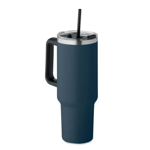 Vaso térmico con pajilla SUMA de acero reciclado, tapa transparente y asa lateral, ideal para eventos sostenibles y regalos corporativos.