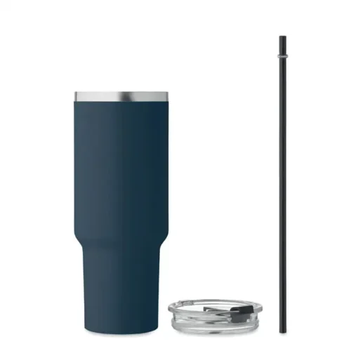 Vaso térmico con pajilla SUMA de acero reciclado, tapa transparente y asa lateral, ideal para eventos sostenibles y regalos corporativos.