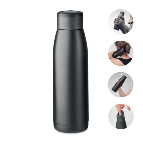 Botella térmica CALEFRIO negra con tapa de silicona y efecto terapéutico