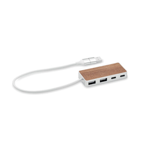 Hub USB de madera de nogal y aluminio reciclado con 4 puertos y diseño premium
